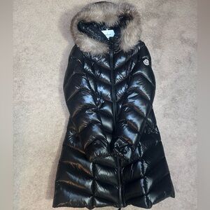 Moncler Black Puffer Hooded Full Length Coat with Removable Fur in Black